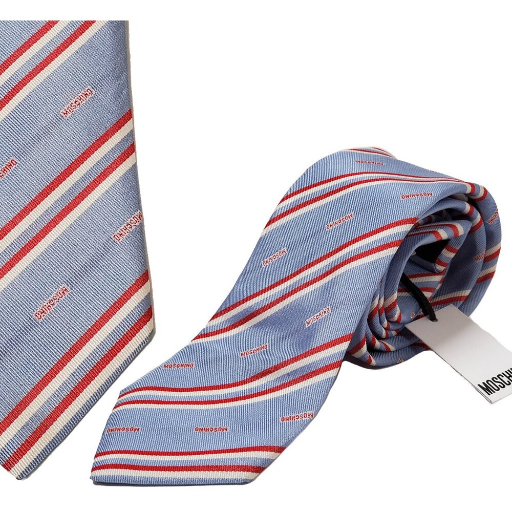MOSCHINO TIE WOVEN SILK STRIPE AND LOGO PRINT NEW AUTH